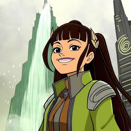 Prompt: SFW, Cyberpunk Inspired, 2D Style Only, Space City, Mist, Western Animation Style, Genndy Tartakovsky’s The Clone Wars Show Inspired Animation Style, Spacepunk, Lovely Looking Animation Style, Muunilinst Star Wars Inspired, City Skyline, Solo, Portrait, One Fully Clothed Woman In Picture, Wholesome Looking Only, Milder Looking, Cuter Face, Slighter Frame, Smaller Arms, Smaller Body, Beautiful Textured Shimmering Hair,  Grown Woman Only, Perfect Hair Composition, Interesting, Exact Same Style, Same Look As Output Image, Same Outfit, Gray Aesthetic, Foggy, Jade Aesthetic, Close Up, Star Trails, Muunilinst Inspired, Minimalistic, Muun Star Wars Infrastructure Inspired, Gotham City Inspired, Insanely Large Buildings, Genndy Tartakovsky’s The Clone Wars Show Inspired, Y2k, 2000's Inspired, Retro Aesthetic, Realistic Only, Retro Cyberpunk Inspired,  Fantasy, Insanely Big Shard, Real World, Brushstrokes, John Atkinson Grimshaw Oil Painting Aesthetic, Exciting, Joyful, Happier Tone, Vivid, Large Waterfall, Fully Clothed Woman Only, Caring Looking, Smiling, Eyes Focused, Hands Should Be Lowered, Fingers Lowered, Candid Photo, 27 Year Old, Looking At Viewer, Sidelocks, Regular Pose, Perfect Neck Composition, Perfect Composition, Perfect Finger Composition, Posing, Regular Body, Smaller Body, Slim Build, Tighter Body, Lana Condor Inspired, Smiling, Older Looking and Mature Face, Distinctive Features, Big Smile On Her Lips, Enjoying The View, She Should Be Looking at The Otherworldly View Of The Cityscape, Full Lips, Detailed Face, Anime Artistic Inspired Image, Koyomi Character Inspired, Medium Ponytail, Strand Of Hair On Face, Skyscraper, Interesting, Bomber Jacket, Undershirt, Modern Animation Style, Made By Squirt_rash_24.