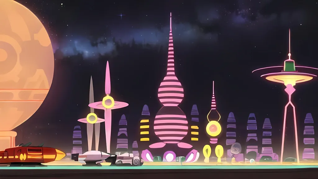 Prompt: Retroville Inspired, Future Funland, Star Trails, Dune Mauve and Brown Aesthetic, Nobody in Background, Cartoon, Dune, 1950's Inspired, Retro Futuristic, Perfect Composition, Jetsons Orbit City, Hanna Barbara Aesthetic, Jetsons X Dune, Jetsons Inspired, Dune Inspired, 1950's Inspired, Jetsons Buildings in a Space City