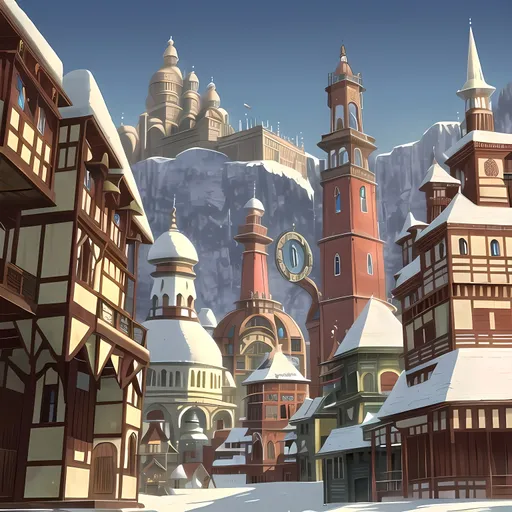 Prompt: Lush, Lavish, Nobody In Background, 1800's Victorian Steampunk Fantasy Indian and Nepali Town Inspired, Colorful Pokemon Inspired Town, Homely Looking Small Town, Retro Futuristic, 1800's Style Architecture, Village Market Town, Snowy Landscape, Snow On Ground