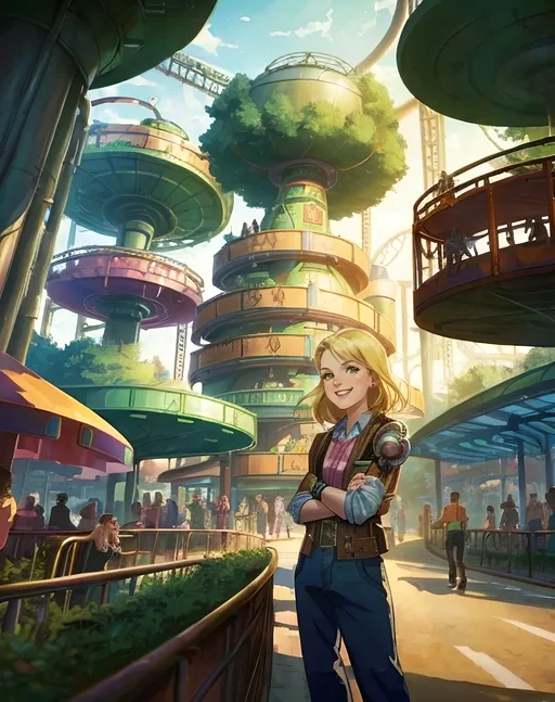 Prompt: (SFW), (Safe For Work Image Only), 
 Same Aesthetic, Sportspunk Inspired, Forestpunk, Steampunk Inspired,  (Tracks, In The Theme Park, Joyful, Wondrous, Marvelous, Grateful Looking), (A Safe For Work Image), (Casual Forestpunk Clothes), Very Wholesome Looking Only, (Appropriate, 
Safe For Work Image), Wholesome Smile Only, Workplace Safe, Same Composition, G Rated, Rated E, General Audience Content,  Good Facility Composition Only, Heartwarming, Realistic,  Solo Only, Forest Background, More Cartoon Looking, Modern Animation Style Only, She Needs To Look Older, Colorblocking, More Bubbly Looking Animation Style, Futuristic Aesthetic Only, American Animation Style, 2D Style, Cel Shaded, Safe For Work Professional Looking Image, More Trees,  Smiling, Full Lips, Detailed Face, Looking Away From Viewer, Candid Photo, 1Lady, One Woman In Photo, Retro Theme Park Background, One Woman In Photo, (Kathrine Møller Kuhl Inspired), Danish Descent, Twenty Two Year Old, Soft Lady Aesthetic, Athlete, Worker, Long Blonde Hair Only, Friendlier Looking, Alternative Looking, Green Eyes, Lithe, Minimalistic, Heroic, Futuristic Fantasy, Happier Looking, Slighter Frame, Retro Futuristic Amusement Park Fantasy, RollerCoaster Tycoon Game Inspired,  Dieselpunk Inspired, Copenhagen and Aarhus Inspired Background, Clean Background, (Tivoli Gardens Inspired Background), Amusement Park Inspired, Theme Park, Magenta Lights, Technical Aesthetic, Colorful, Axels, Warm Aesthetic Hues, Ladylike, Scenic Architecture, Lots Of Greenery, Light Aesthetic, Pink Trees, Steampunk Inspired Rides In Background, Glowing Lights, Boilers, Furnaces, Pistons, Jules Verne Inspired Steampunk Inspired Roller Coaster, Looser Baggier Clothing, Looser Baggier Pants, Brass Steampunk Gears On Roller Coaster, Very Wholesome Looking Only, Otherworldly Steampunk Inspired Roller Coasters In Forest, Retro Futuristic, Jetsons Orbit City Inspired Background 