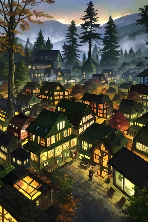 Prompt: (SFW), (Safe For Work Image Only), Bustling Village, Retroville Inspired, Modern Animation Style, Soulful, Some Buildings, Some Fog, Happier Looking, Trail, Farmers Market In Background, (More Fantasy Looking), (Very Wholesome Looking Only), Retro Futuristic, Homely, Lively, Wholesome, Large Maple Leaves, Joyful, Wondrous, Marvelous, Mills, Village,  Village Skyline, Clean Background Only, Same Composition Only, Lush, Lavish, Autumn, Mid October, Colors Bursting, Rustic, Rustling Leaves, Darker Skies, Forestpunk, Fall In The Adirondack Mountains and Beacon New York Inspired, Interesting Amazing Unearthly Forestpunk Retro Futuristic Village Market Town Skyline Background, Planet Earth, It Needs To Look Like An Oil Painting,  John Atkinson Grimshaw Inspired Oil Painting Aesthetic, Bokeh, (Mario's Delfino Plaza Inspired, Twilight House Inspired, Maple Treeway Inspired), Pokemon's Dendimille Apple Woods Inspired, Foggy Forest Inspired, Some Ivory Trees, Colorful Trees, Oil Lamps, (Light Aesthetic), Very Retro Futuristic, Maze Labyrinth Background 