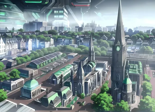 Prompt: Dublin Victorian Ireland, Downtown City, Evergreen Trees, 1800's Inspired Harry Potter Inspired Market Town Village Background, Ireland, Cyberpunk, Futuristic 22nd Century Labyrinth, Chrome and Iridescent Futuristic Victorian Architecture, Shiny Buildings, Picturesque, Iridescent Aesthetic, Neon, Made By Squirt_rash_24.