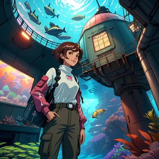 Prompt: SFW, (((Safe For Work Image Only, Appropriate, Underwater Seafloor Only))), (((Futuristic, Sketch Aesthetic, It Needs To Look Like a Sketch, Minimalistic, Warm Aesthetic Hues, Futuristic Buildings))), Very Wholesome Looking, 2D Style, Modern Animation Style, Minimalistic, (((Cel Shaded))), Same Outfit, Apparatus On Head, Same Style, Same Composition, Perfect Composition, Same Background, Perfect Background Composition, Oceanpunk Seapunk, Dieselpunk Inspired, Retro Futuristic, Brown Building In Background, Dieselpunk Apparatus, Boilers, Furnaces, Pistons, Wonderous, Exciting, (((Solo Only))), Portrait, One Fully Clothed Woman In Picture, She Needs To Look Older, Inside a Domed Facility Only, Grown, Strong, Grown Woman Looking, Same Skin Tone, Friendlier Looking, Twenty, 20 Year Old, Brooklyn Moors Inspired, Lighter Skin Profile, Mixed, Athlete, Worker, Standing Up Straight, SFW Facial Composition Only, (((Dark Brown Black Medium Hairstyle Only, Dark Brown Eyes Only, Calm, Mellow, Interesting, Cute, Wholesome Smile, Looking At Viewer, Needs To Look Like The Output Image, Pink Lips))), Perfect Hair Composition, Forehead Should Be Visible, (((American Animation Style))), Regular Pose, Very Feminine Looking, Colorful Aesthetic, Retro Futuristic Marine Life Observatory Background,  (((Futuristic Aesthetic, Red and Brown Observatory Building, Interesting Fantasy Aquarium Background, Indoors Only With Dome, Conservation Facility))), Finding Dory's Marine Life Institute Inspired Background, (((Morro Bay California Inspired Background))), Marina, Technical Aesthetic With Some Greenery, Red Flowers, (((She Should Be Wearing Sport Utility Clothing, Floatation Device, Technical Aesthetic, Looser Baggier Clothing Only, Long Sleeve Shirt Only, Strap Bag On Shoulders, Cargo Pants))), Stockier, Medium Waist, High Waist, Pretty, Straps On Clothing, She Should Look a Lot Like Brooklyn Moors, Canadian, Lively,  Grateful Looking, Soulful, Lovely Looking,  2D Animation Only, John Atkinson Grimshaw Inspired Oil Painting Aesthetic