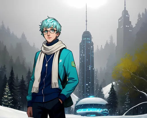 Prompt: SFW Only, Village Skyline, Wintertime, Portrait, One Man In Picture, Futuristic Interesting Hairstyle, Forestpunk, Snowpunk, Tom Felton Inspired, Big Glasses, Scarf, 2D Style, It Should Look Like The Same Animation Style As Output Image, Ice Lord Inspired, Platinum Blonde White Big Hairstyle, Interesting Hairstyle Only, Futuristic Looking Hairstyle Only, Gray Eyes Only, Caucasian, He Should Look a Lot Like Tom Felton, Light Blue Hair, Cool Looking,  Tougher Looking, Hipster Looking, Young Face, Lighter Skin Profile, Thick Dark Eyebrows Only, Interesting Amazing Unearthly Forestpunk Retro Futuristic Village Market Town Skyline Background, Wearing a Sneewittchen Inspired Outfit, Galactic Jade Outfit, Caucasian Man Composition Only, John Atkinson Grimshaw Inspired Oil Painting Aesthetic, Bokeh, Athletic Arms, Realistic, Warm Looking Aesthetic Hues, SFW Body, Gladion Trainer Inspired, Same Face, Vibrant, Very Lovely Looking, White Man, Same Composition, Perfect Composition, Full Lips, Detailed Face, Aesthetic Background, Wavy Medium Hairstyle Only, Logo On Outfit, Pants On Legs, Made By Squirt_rash_24.