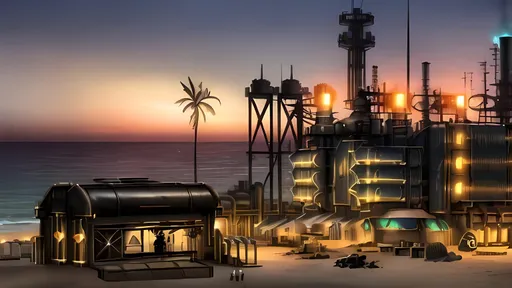 Prompt: Dieselpunk Fantasy Neon Opal Factory, Picturesque, Dieselpunk, Trestles, Generators, Black Sandy Beach, Minimalistic, Pistons, Beach, Palm Trees, Los Angeles Inspired, Unearthly Intricate City, Brass Tinsels, Gears, Dieselpunk Emporium, 2D Animation, Fantasy, Cream and Black Aesthetic, Made By Squirt_rash_24 