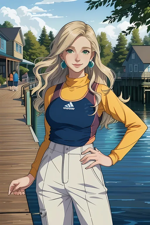 Prompt: (SFW), (SFW Image Only), Oceanpunk Seapunk, Coastal Town, Boardwalk By The Lake, Modern Style, Wholesome, Bay, Fantasy Coastal Region Only, Coastal Town Aesthetic, Log Buildings, York Maine Inspired, Orange and Green Aesthetic, Some Greenery,  More Cartoon Looking, Safe, Milder Looking,  She Needs To Look Like The Output Image, Toon Shaded, Same Aesthetic, (Soulful, Solo Character Design Only, Interesting, Aesthetically Pleasing, Joyful, Wondrous, Marvelous, Outdoors, (She Needs To Look Older, Happier Looking, Looser Baggier Swimming Clothes, Longer Clothing, Covering Herself Only, Slighter Frame), Athlete, Stud Earrings, Skinnier, Looking At Viewer, Perfect Background Composition Only, More Cartoon Looking, Wholesome), Medium Hairstyle, Lovely Looking, Very Feminine Looking, (Modern Animation Style Only, Grown Woman Aesthetic Only, American Realistic Animation Style Only, Happier Looking, Lovely Looking Aesthetic, Modern Lady Aesthetic, Realistic, Lovely Looking Animation Style, American Animation Style, 2D Animation Only, Cel Shaded, Lithe, Full Body,  Cute Aesthetic, Trousers Showing), Near Future, Perfect Background Composition Only Inspired, Solo Only, 1Woman, One Woman In Photo, Rebecca Stoughton Inspired, Long Wavy Hair, Caucasian, Blonde Hair, Light Colored Eyebrows, Soft Lady Aesthetic, Blonde Hair Orange Streaks,  Gray Eyes, Smiling, (Looser Baggier Clothing, Longer Long Sleeve, Looser Baggier Clothing, Trousers, Covering Herself, Twenty, 20 Year Old, Lovely Looking), Full Lips, Detailed Face,  Worker), High Waist, Covering Herself, Vest,  (White Woman, Posing), SFW Clothing, Trousers, Fitter Looking Trapezius, Athletic, Sleek Aesthetic), Puffy Vest, Long Sleeved Shirt, Long Hair, Trousers Only, Swimmer Trainer Class Inspired, Oil Painting Aesthetic 