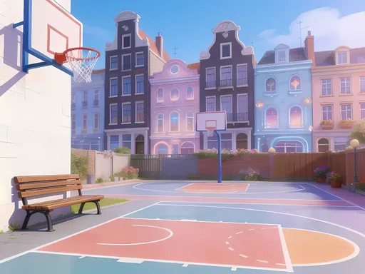 Prompt: (SFW), (Safe For Work Image Only), Sportspunk, Futuristic Fantasy,  (((Mid Sized City With Fantasy Basketball Courts))), Very Wholesome Looking Only, Lots Of Outdoor Basketball Courts, More Fantasy Looking Nets and Courts, Utopia City, Basketball Inspired City, Happier Looking, Backyards, More Fantasy Looking, (((Backyard Basketball 2004 Game Inspired))), Lovely Looking, Street Art Movement Inspired, Upscale Looking City, Streetlights, Lamps, Cute Picturesque City, Flowers, Should Resemble  Amsterdam, Hey Arnold Hillwood Style City, Fantasy City, Retro Futuristic 