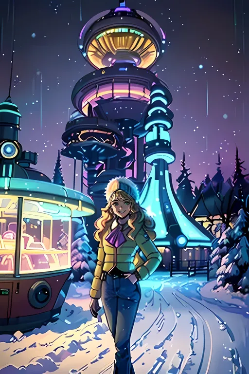 Prompt: (((SFW, Safe For Work Image Only, Heartwarming, Outdoors Only, SFW More Casual Clothing, Winter Jacket, SFW Aesthetic))), Regular Image, G Rated, Rated E, A Safe Image, Safe, (((Medium Shot Picture))), Appropriate, Safe For Work Style, Very Wholesome Looking Only, Steampunk Cyberpunk Dieselpunk and Forestpunk Inspired, Winterpunk, Snowpunk, Unique, Minimalistic, Retro Futuristic, Futuristic, (((Videopolis Inspired Background, Jules Verne Inspired))), Forest Village Skyline Only, Market Town Skyline,  Near Future, Nostalgic, (((More Cartoon Looking, 2D Style, Cel Shaded))), Joyful, Milder Looking, Portrait, (((1Adult, 1Woman Only))), One Fully Clothed Lovely Looking Woman In Picture, In Her Twenties, Lusher Face, Worker, (((Wholesome Smile Only, Medium Hairstyle Only, Tougher Looking, Blonde Hairstyle Only, Caucasian, Long Wavy Hairstyle Only))), Nightime Winter Theme Park Background Only, Rides, (((Futuristic, Retro Futuristic))), Retroville Toyland Aesthetic,  Planet Earth, Cold and Icy Environment Only, Trees, Neon Pink Aesthetic, (((Light Purple Aesthetic))), Insane Futuristic Aesthetic, Solo, Portrait, One Woman In Picture, (((Grown Woman Looking Only))), She Needs To Look Older, Futuristic Apparatus, (((Happier Looking, Smiling, Grateful Looking, Futuristic, SFW Body Only))), Fully Clothed Only, (((Twenty Seven, 27 Year Old))), Vibrant, Lively, Wholesome Looking, Very Feminine Looking, Yellow Blonde Hairstyle, Frost Capelet, Cap On Her Head, Rose Aesthetic, Same Hairstyle, Perfect Hair Composition, (((She Should Look a Lot Like Josephine Langford))), Full Lips, Detailed Face, Pink Eye Color Only, Slighter Frame, Medium Waist, Low Waist, Perfect Finger Composition, Posing, Happier Looking, Confident Looking,  Content Smile, (((She Should Be Wearing a Collared Sneewittchen Inspired Fantasy Clothing Only))), Looser Baggier Clothing, Jeans, Pants On Legs, Australian, Trousers, White Woman, John Atkinson Grimshaw Oil Painting Aesthetic, Magestic, (((Glacia Trainer Inspired)))