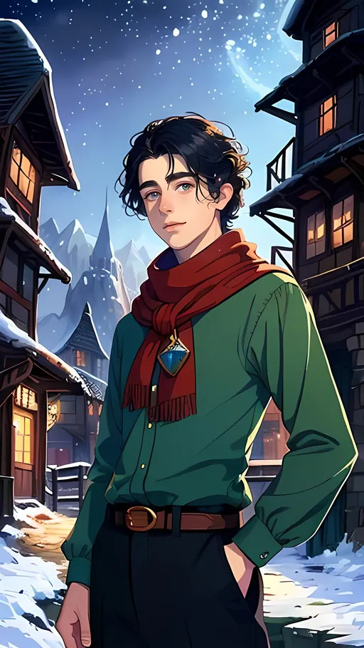 Prompt: SFW, Village Skyline, Dendemille Town Mountain Kalos Inspired, Fantasy Clock Tower In Background, Wintertime, Mid December, Chilly Weather, Red and Blue Shades, Forestpunk, Portrait, One Young Man In Picture, 2D Style, It Should Look Like The Same Animation Style As Output Image, More Bubbly Looking, Heroic Smile, Well Maintained and More Built Body, Cute Animation Style, More Cartoon Looking, More Fantasy Looking Clothing, He Should Be Wearing a Sneewittchen (The Brother's Grimm's Snow White) Inspired Forestpunk Outfit, Wholesome Looking, He Should Look a Lot Like Nash Grier, Bigger Eyes, Perfect Hand Composition, Perfect Nose Composition, Young Bachelor Looking, Cute Man, Young Looking Face, Tougher Looking, Grown Strong Body, Scarf, Same Body Traits, Lighter Skin Profile, Thick Dark Eyebrows Only, Interesting Amazing Unearthly Forestpunk Retro Futuristic Village Market Town Skyline Background, Caucasian Man Composition Only, John Atkinson Grimshaw Inspired Oil Painting Aesthetic, Bokeh, Athletic Arms, Realistic, Warm Looking Aesthetic Hues, SFW Body, Nash Grier Hairstyle, Same Face, Vibrant, Very Lovely Looking, Same Composition, Perfect Composition, Full Lips, Detailed Face, Aesthetic Background, Wavy Medium Hairstyle Only, Logo On Outfit, Pants On Legs, Made By Squirt_rash_24.   