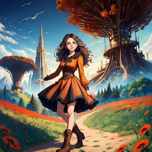 Prompt: (((Safe For Work Images Only))) SFW, Village Skyline, Giant Unearthly Mountains In Background, Fall Aesthetic, Disney's Poppy Fields Inspired Background, Highlands, Trees In Background, Outdoors, Blue Skies, Retro Futuristic Village Market Town Skyline Background, Forestpunk, Aetherpunk, Modern Animation Style, Same Composition, Perfect Composition, Wholesome Looking, Portrait, One Fully Clothed Woman In Picture, Older Looking, Grown Woman Only, Oz the Great and Powerful Movie Inspired, Theodora Character Inspired, Forestpunk, Steampunk Inspired, Dark Brown Black Hairstyle, Mila Kunis Inspired, Happier Looking, Perfect Eyebrow Composition, Content Looking, Gray Eyes, Colorful, Oil Painting Aesthetic, Grown Woman Looking, Mature Face, Wavy Hair Only, Village Skyline Background, She Needs To Look Like The Output Image, 29 Year Old, Medium Hairstyle, Caucasian, Full Lips, Detailed Face, Caucasian, Fantasy, Dark Red Orange Sneewittchen Buttoned Dress, Hiking Boots, SFW Body, Perfect Hand Composition, Slim Legs, Perfect Leg Composition, Magestic