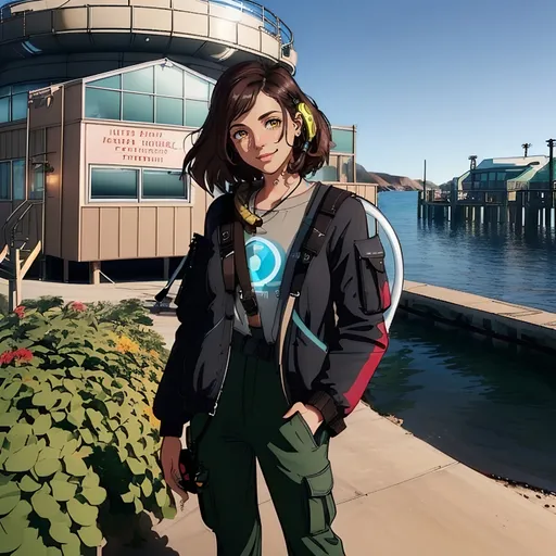 Prompt: SFW, (((Safe For Work Image Only))), (((Futuristic, Sketch Aesthetic, Warm Aesthetic Hues, Futuristic Buildings))), Very Wholesome Looking, 2D Style, Modern Animation Style, Minimalistic, (((Cel Shaded))), Same Outfit, Same Style, Same Composition, Perfect Composition, Same Background, Perfect Background Composition, Oceanpunk Seapunk, Dieselpunk Inspired, Retro Futuristic, Brown Building In Background, Dieselpunk Apparatus, Boilers, Furnaces, Pistons, Wonderous, Exciting, (((Solo Only))), Portrait, One Fully Clothed Woman In Picture, She Needs To Look Older, Grown, Strong, Grown Woman Looking, Some Skin Tone, Friendlier Looking, Twenty, 20 Year Old, Brooklyn Moors Inspired, Lighter Skin Profile, Mixed, Athlete, Worker, Same Hairstyle, Shoulder Length Hairstyle, Standing Up Straight, SFW Facial Composition Only, (((Dark Brown Black Medium Ombre Hairstyle Only, Dark Brown Eyes Only, Yellow Streaks On Hair, Calm, Mellow, Interesting, Cute, Wholesome Smile, Looking At Viewer, She Needs To Look Like The Output Image, Pink Lips))), Perfect Hair Composition, Forehead Should Be Visible, (((American Animation Style))), Regular Pose, Very Feminine Looking, Colorful Aesthetic, Retro Futuristic Marine Life Observatory Background,  (((Futuristic Aesthetic, Red and Brown Observatory Building, Interesting Fantasy Aquarium Background, Eco Conservation Facility))), Finding Dory's Marine Life Institute Inspired Background, (((Morro Bay California Inspired Background))), Marina, Technical Aesthetic With Some Greenery, Orchard, Red Flowers,(((She Should Be Wearing Sport Utility Clothing, Floatation Device, Technical Aesthetic, Looser Baggier Clothing Only, Strap Bag On Shoulders, Cargo Pants))), Stockier, Cute Body, Medium Waist, High Waist, Pretty, Straps On Clothing, She Should Look a Lot Like Brooklyn Moors, Canadian, Lively,  Grateful Looking, Soulful, Lovely Looking, Full Lips, Detailed Face, 2D Animation Only, John Atkinson Grimshaw Inspired Oil Painting Aesthetic