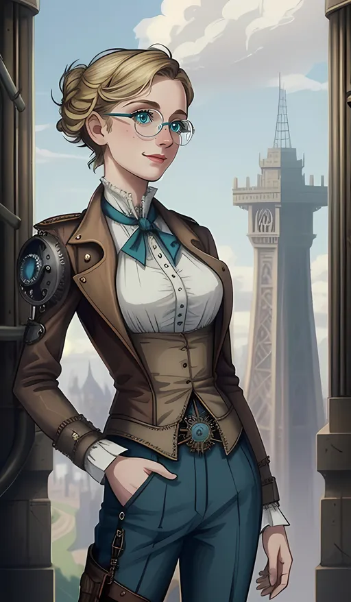 Prompt: (SFW), (Steampunk, Same Aesthetic, Trendier Looking, Safe For Work Image Only, Regular Photo, Happier Tone, Fantasy, Cute, Intricate, Victorian England Inspired Background, Slighter Frame Only, The Roaring 20's Aesthetic, (Wide Framed Glasses), Axels, G Rated, Rated E, Very Modern Animation Style, Safe), Updo, Edges, Maiden Looking, Work Inspired Image, Same Composition, Perfect Background Composition Only,  Very Wholesome Looking Only, Hairclips, Hairpins, Minimalistic, 2D Style, (American Animation Style, Monument Valley Game Inspired Buildings), (Futuristic and Classic Steampunk, Appropriate, Safe, Milder Looking), Very Wholesome, Wondrous, Marvelous, Interesting Victorian Steampunk British Architecture, Sketch, (Rocketwoman), Solo Only, 1Woman, One Woman In Picture, She Should Look a Lot Like Sophie Simnett, Caucasian, She Should Have Teal and Brown Clothing, On The Ground, Light Aesthetic, Some Cream On Clothes, Looser Baggier Clothing, Covering Herself, Slighter Frame, Brushstrokes, Interesting, Vivid, Realistic,  Fantasy Pilot, Skyla Inspired, Freckles, Full Lips, Detailed Face, British Looking, Brown Eyebrows, Very Feminine Looking, Pretty, Wholesome, Light Blonde Straight Medium Hair, (20 Year Old), Blonde White Hairstyle, Slim, Lithe, Nerd Aesthetic, Teal Eye Color, Interesting, (Safe For Work Inspired Clothing, Young Aesthetic, Slim, Regular Fit Trousers), Candid Photo, Happy Face, Cuter Face,  Jules Verne Inspired Clothes, Flying Fantasy Machine Victorian Fantasy Air Cadet, Steampunk Air Cadet, SFW Body, Wearing a Jules Verne Inspired Victorian SFW Work Inspired Clothing, Work Inspired Trousers, Gears On Clothes, British Inspired Gradient Blouse, Aerodynamic Flying Aesthetic, Trousers, Very Feminine Looking, Same Aesthetic, Interesting, Heartwarming, Brass Tinsels, Smiling, Friendlier Looking, Lovely Looking, Grateful Looking, Heroic, Intricate, Blouse, Caucasian, Victorian Style, Very Stylish, Strong Female Lead Pilot