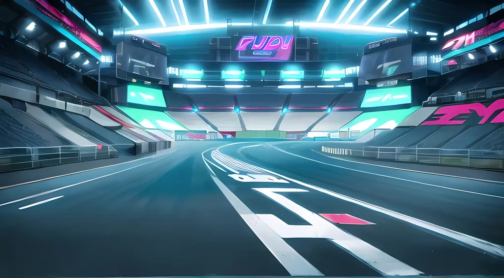 Prompt: Same Composition, Cyberpunk Neon Raceway Stadium Captain Falcon Aesthetic, Inside The Stadium With Gray Racetrack and Gray Paved Roads, Cyberpunk Inspired Background, Giant, Vivid, Fututistic, Motocross Aesthetic