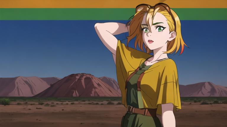 Prompt: The Wild Thornberry's Inspired, Grunge, Red Yellow and Blue Aesthetic, 1 person in picture, Adorable Emma Stone Detailed Face Inspired full lips, 90's Looking, Colorful, Safari Young Woman with rust and green colored Poncho dress, arid-land-background-nothing-on-her-head-mojave-desert-brown and yellow background,-sweet-cute-face-and-full-lips-making-a-cute-smile-