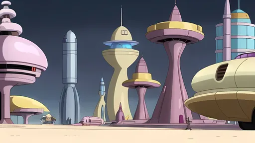 Prompt: Dune Mauve and Brown Aesthetic, Nobody in Background, Cartoon, Dune, 1950's Inspired, Retro Futuristic, Perfect Composition, Jetsons Orbit City, Hanna Barbara Aesthetic, Jetsons X Dune, Jetsons Inspired, Dune Inspired, Retroville Inspired, 1950's Inspired, Jetsons Buildings in a Space City