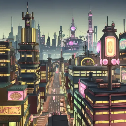 Prompt: Nobody in Background, Lavish, Aesthetic Dieselpunk Carnival Arcade City Skyline, Roads, Shuttles, Edwardian Buildings Turned Dieselpunk, Nickelodeon Show Inspired Lit Up Tower, Hillwood Nickelodeon Style City Background, Nobody in Background, Same Face, Same Aesthetic, Adorable and Charming, Cute Pink Aesthetic 