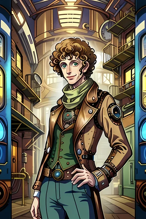 Prompt: SFW, ((SFW Image Only))), He Needs To Look Like The Output Image, 2D Style, Male Body Type Only, 1970's Inspired, Young Tom Baker Inspired, Retro Doctor Who Inspired, Safe, (((Safe For Work Body Only))), G Rated Art, Happier Looking, General Audience Content, (((Very Wholesome Looking Only))), Lively, Joyful, Colorful, Vivid, HG Wells Inspired, Jules Verne Inspired, (((Steampunk Inspired, Steampunk Aesthetic))), Unearthly British Style Houses In Background, Doctor Who Inspired, (((Aesthetic Background))), Portrait, One Fully Clothed Man In Picture, He Needs To Look Younger, Smiling, Young Aesthetic, Slim, Longer Arms, Red and Green Patterned Scarf, Fourty, 40 Year Old,  Cute Animation Style, Adult Male Composition Only, Relaxed Looking, Grateful Looking, Smiling, British Looking, Very Happy Looking, Retro Futuristic, (((Tom Baker Inspired, Caucasian))), The Fourth Doctor Who Character Inspired, Retro Doctor Who Season 12 Inspired, Wearing An Exosuit Vest, Jules Verne and HG Wells Inspired Outfit, (((British))), Grown, Strong, 
 Athletic Arms, Young Face, Cute Man, Lithe, Athletic, Holding An Apparatus, Medium Hairstyle, Curly Hairstyle, Burgh Trainer Inspired, Gray Eyes Only, Forehead Visible, Posing, Belt and Buckle, Black Trousers, Old School Footwear