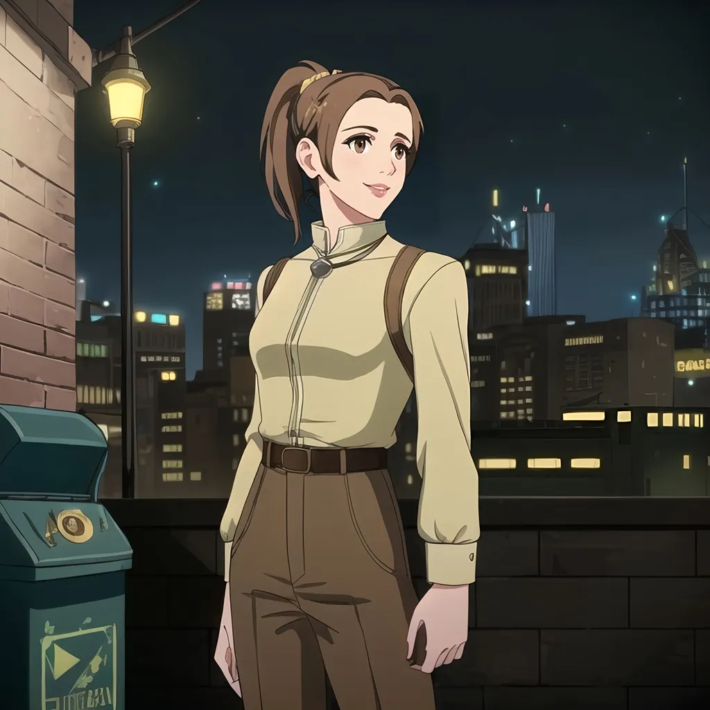 Prompt: (((SFW Image Only))), (((Same Outfit))), (((Same Composition, Perfect Composition))), More Cartoon Looking, Wholesome Looking, Gold Aesthetic, 2D Style, (((Very Minimalistic))), Modern Looking, Dieselpunk, Same Background, (((Perfect Background Composition))), Cityscape, Safe, Nightime, Lovely Looking Animation Style, (((Same Hairstyle, Perfect Hair Composition))), Joyful, Milder Looking, Standing Up Straight, Posing, Lovely Looking, Cute, Perfect City Composition, Pittsburgh Inspired City Background, Perfect Hair Composition, Lavish, Portrait, (((Solo Only))), 1Woman, 1Adult, One Woman In Picture, Hands Should Be Lowered, Proud Looking, Arms Showing, Pink Lips, Gaiter, Very Feminine Looking, Ladylike, More Manager and Mechanic Looking, Slim, Grown Body, Slighter Frame,  Relaxed, Well Maintained Physique, Stockier, Cute Body, (((Cute Smile))), Friendlier Looking, Alternative Looking, Lusher Face, 26 Year Old, (((Medium Ponytail With Parted Bangs))), Two Hands and Two Arms, She Should Have Four Fingers and a Thumb, (((She Should Look a Lot Like Grace Martine Tandon (Daya), Caucasian, Medium Umber Brown Haired Only, Brown Eyes, Full Lips, Detailed Face))), Edwardian, More Metallic Looking, Golden Age Period Inspired, Industrialists, Dieselpunk Pittsburgh Inspired, Cute Aesthetic, Yellow and Black Steelers Aesthetic, Steel Aesthetic, Gray Headband, Aesthetically Pleasing, Bomber Jacket, Undershirt, Perfect Hands, Correct Hands, Thicker, Slim Legs, Medium Waist, Trousers, Thighs Should Be Covered, Legs Should Be Covered, Gaiter, Necklace, Perfect Hands, Alley, Garbage Can, Brick Wall, Minimal Aesthetic, Lights, John Atkinson Grimshaw Oil Painting Aesthetic