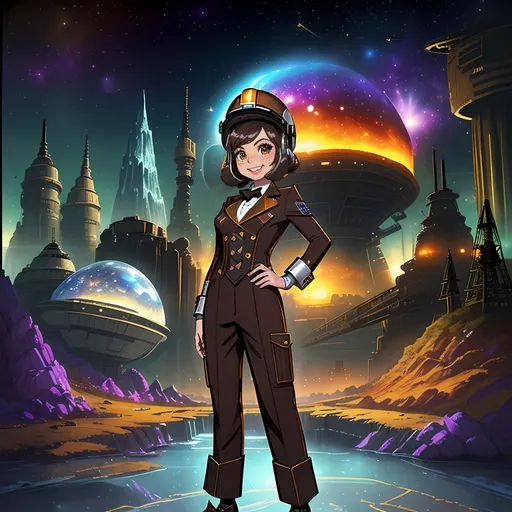 Prompt: (((SFW Image Only))), Different Pose, (((More Fantasy Looking))), Milder Looking, Safe For Work Body, Dieselpunk Steampunk and Stonepunk Inspired, Spacepunk, Retroville Inspired Retro Futuristic Background, (((Formal Outfit, G Rated Art, Consistent Look, Twenty Six, 26 Year Old, Adult Female Composition Only))), (((Very Wholesome and Joyful Looking Only))), Cool Looking, Female, Safe, (((General Audience Content))), Star Wars Kolaador Inspired Background, Rocky Planet, Facility, Prisms, Planetarium, Interesting, Crystalline Terrain, Crystal Aesthetic, Crystal Structures, One Fully Clothed Woman In Picture, Content Looking, 1950's Hairstyle Only,  Mining Outfit, (((Miranda Cosgrove Inspired, Caucasian))), Dark Brown Black 1950's Inspired Longer Hairstyle Only, Brown Eyes Only, Space Miner, Mining Inspired Outfit, Jetpack On Shoulders, Spacesuit, Space Hard Hat, Lost In Space Show Inspired, Older Looking Face, Distinctive Features, Big Smile On Her Lips,   Star Wars Inspired, City Skyline, Insanely Large Buildings,  Star Wars Infrastructure Inspired, Retro Aesthetic, Realistic Only, Caring Looking, Smiling, Eyes Focused, Hands Should Be Lowered, Fingers Lowered, Candid Photo, Second Industrial Revolution Inspired, Interesting, Thicker Sturdier Body, Insanely Big Shard, Prismatic Downtown Space City, Brown and Ochre Aesthetic, White Woman, John Atkinson Grimshaw Oil Painting Aesthetic, Exciting, Joyful, Happier, In Her Twenties, Vivid, Colorful, Fantasy, Black Rocky Landscape, Purple and Brown Colors, Roxanne Trainer Inspired, Crystals, Gears, Made By Squirt_rash_24.