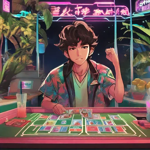 Prompt: SFW, Seapunk, Fully Clothed, Heartwarming, Seapunk, Snackbar, Fantasy, Lush, Lavish, Vivid, Colorful, Tropical, Hawaii, Blue and Green Shades, Interesting, Baseball Card Aesthetic, Polaroid Poster Aesthetic, Recreation, Same Composition, Shirt Covering Torso, Seapunk Surfer, Both Hands Lowered, Retro Synth Inspired, 1 Young Man in Picture, Asian, Charles Melton, Full Lips, Detailed Face, Wearing Pink Retro Clothing, About To Eat at a Snack Bar, Wearing a Necklace, 26 Year Old, Athletic Body, Strong Torso, Adorable, Handsome, Wavy Medium Curly Black Mullet Hairstyle, Athletic Legs, Mixed Asian and Caucasian Descent, Made By Squirt_rash_24.