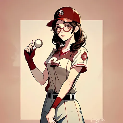 Prompt: Same Aesthetic, Same Hairstyle, SFW, Libra Scales Logo Aesthetic, Full Body, Making a Cute Action Gesture, Peaches Aesthetic, One Young Woman in Picture, Light Red Aesthetic, Wearing Circular Retro Edwardian Glasses, Edwardian Aesthetic, Libra Scales On Outfit, Medium Hairstyle, Heartwarming, Stunning, Same Composition, Alexandra Daddario as an Old School Baseball Player, On The Rockford Peaches Woman's Baseball Team, Full Lips, Detailed Face, Lovely Looking, She Has Thick Arms Representing The Power and Accuracy Of A Baseball Player, Thick Deltoids, Small Chest, Quirky, Cute, Wearing a Rockford Peaches Baseball Dress With Belt, Smiling With Teeth Showing, Wearing Brown Gloves, Holding a Brown Baseball Glove, Wearing a Dark Red Baseball Cap With Libra Scales Logo On Cap, Red and Cream Aesthetic, Baseball Aesthetic, Recreation, Brown Hair Only, Perfect Composition, Interesting, Iconic Looking, Retro Looking, A League Of Their Own Baseball Movie Inspired, When We First Met Movie Inspired, Made By Squirt_rash_24.