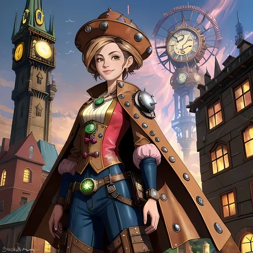 Prompt: SFW, Village Skyline, Surrealistic, Cartoon Looking, Portrait, One Young Woman In Picture, She Should Be Wearing a Medieval Cloak, Savannah Lee May Inspired, Full Lips, Detailed Face, Technical, Intricate, Colors Bursting, Bokeh, Interesting, Unique, Perfect Composition, Same Composition, Medievalpunk, Steampunk, Aetherpunk, 3D Style, Insanely Big Medieval Looking Clock Tower With Steampunk Gears, Realistic, Lavish, Labyrinth, Gears, Medieval Futuristic Only,  Young Maiden Looking, Inventor, Very Young Face Only, 22 Year Old, Young Body, Feistier, Cool Looking, Adorable Face, John Atkinson Grimshaw Inspired Oil Painting Aesthetic, Bohemian Gothic Baroque Architeture, Medieval Retro Futuristic Prague Architecture Only, Steampunk Gears On Buildings, Futuristic and Classic Steampunk, Medieval Futuristic Aesthetic, Jules Verne Inspired Large Otherworldly Fantasy Buildings, Inspired By The Interesting City Of Prague, Bohemian Architecture, More Steampunk Gears, Prague Czechia Inspired Background, Steampunk Clock Tower, The Thief Lord Inspired, Thick Light Brown Eyebrows Only, Slim Body Only, Grown Body, Consistent Face, Medieval Czech Inspired Hat, Same Aesthetic, Medium Hairstyle, Cute Smile, Adorable, Cute Eyes, She Should Look a Lot Like Savannah Lee May, She Should Be Wearing a Jules Verne Steampunk Inspired Czech Traditional Geared Dress, Medieval Garmets, Regular Body, Fantasy, May Trainer Inspired, She Should Have Light Brown Hair, Lusher Face, Czech Descent, Small Chest, Slim Body, Wearing a Traditional Red and Pink Czech Outfit, Stunning Savannah Lee May, Pink Colored Eyes, Lots Of Steampunk Gears on Body, Academia Inspired, Bohemian Inspired, May Trainer Hairstyle, Made By Squirt_rash_24.   