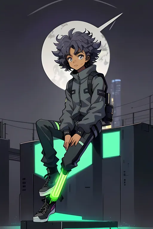 Prompt: Follows Prompt Exactly, Same Hair, Pewter Hair Only, Pewter 1970's Style Afro, Perfect Hair Composition, Retro Cyberpunk Aesthetic, Jaden Smith, Full Lips, Detailed Face, Light Brown Skin, Extremely Cool, Standing Up, Cyberpunk Background, SFW, Cute African American Boy, Cute Very Curly Big 1970's Enormous Perfect Composition Pewter Colored Afro, Gray Eyes Only, Same Composition, Intense Looking, Same Outfit, Regular Body, Same Afro, Heartwarming, Pewter Colored Hair Only, One Pewter Haired Young 15 Year Old Adolescent Male, Huey Freeman The Boondocks Inspired, Straps On Outfit, Fully Clothed, Same Composition, Wholesome Looking, Soulful, 22nd Century, Cute, Colorful, Vivid, Cyberpunk Nike, Outside, Raining, Adorable, Adolescent Male Composition, Full Lips, Glowing Technical Outfit, Nike Logo On Outfit, Dark Eyebrows Only, Dark Black Eyes, Beside Him Is a Long Gray Energy Blade That He Downloaded, The Blade Is Cool Looking and Glowing, Nate Oh No Its An Alien Invasion Inspired, African American, Cute Face, 1970's Style Pewter Afro, Futuristic Hairstyle, Osaka Japan, Night Time, Short, Wearing Slate Gray Technical Gear and Slate Gray Nike Inspired Athleisure, Futuristic Technical Inspired Streetwear, The Outfit is Technical and Glowing, Techwear Inspired With An Athletic Aesthetic, Slim and Lithe Body, Futuristic Clothing, SFW, Interesting, Joyful, Adolescent, Wearing Interesting Futuristic Nike Hiking Boots, Far Future, 2124, Kitai Raige After Earth Inspired, The Boondocks Inspired, Ghost In The Shell Inspired, Alita Battle Angel Inspired, Perfect Composition, Made By Squirt_rash_24.