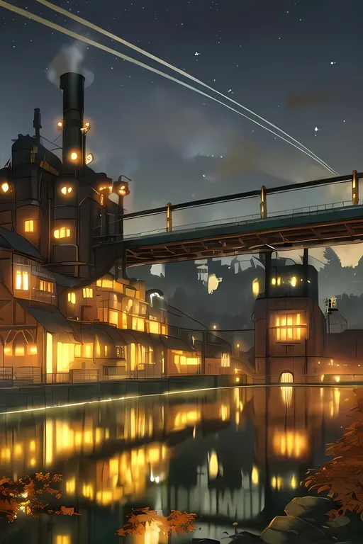 Prompt: Minimalistic, Pistons, Dieselpunk, Adorable Wholesome Factory Village, Edwardian Houses, Ironworks, Intricate, Steam, Lavish, Factory, night time, stars, dark, no clouds, Comets, Landscape, Dieselpunk Retro Futuristic, Bridge above water, Autumn, Orange and Green Shades, Trail, BC Inspired, Smoke