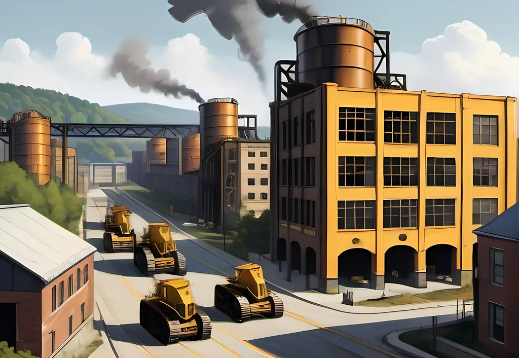 Prompt: Industrial Park, Dieselpunk Warehouses, Roads, Stone Crusher Edmund Lewandowski Inspired, Stone Crusher, Technical Machines, Nobody in Background, Pittsburgh Inspired City Background, Edwardian, Golden Age Period, Industrialists, Dieselpunk Pittsburgh Inspired, Yellow and Black Steelers Aesthetic, Steel Beams, Quarry