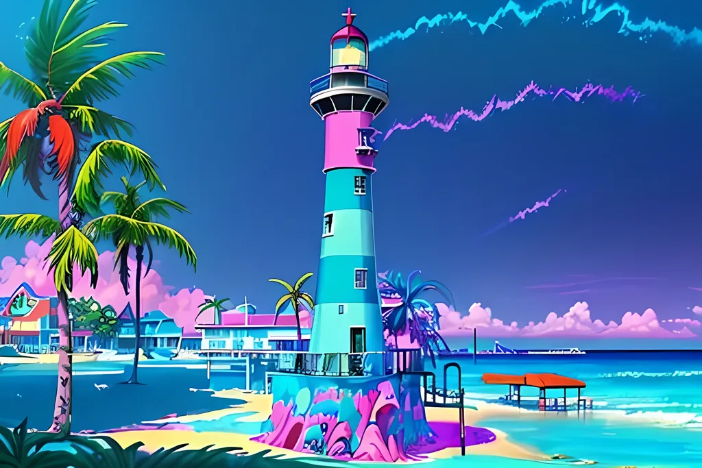 Prompt: SFW, Seapunk Oceanpunk, Violet Skies, Dusk, Modern Animation Style, 1970's Inspired, Retroville Inspired, Florida Inspired, Oil Painting Aesthetic, Colorful, Purple Blue and Red Shades, Lush, Lavish, Wholesome, Heartwarming, Lovely Looking Animation Style, Fantasy Beach Town, Sunny, Tropical Background, Water, Lighthouse, Nobody In Background, Pipes, Gears