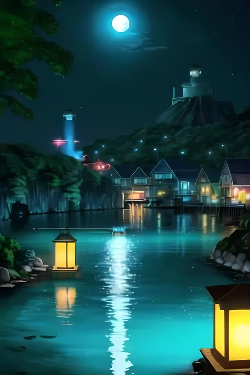 Prompt: Pacifidlog Town Hoenn Region Inspired, Seapunk Lit Up Water Village Background, Same Composition, Lanterns, Pond Skaters, Lilies, Azure Aesthetic, Walkways, Lavish, Peaceful, Shimmering Water, Lovely Looking, Vibrant Neon Lush and Colorful, Streams, Minimalistic, Same Composition, Moonlit, Grove, Sea Cove, Soulful, Cool Looking, Lovely Looking, Lanturns, Lovely Looking, Nightime, Retro Futuristic Nautical Port Scenery Very Wholesome and Joyful, Seaport, Retroville Inspired, Retro Futuristic, Bubbly, Heartwarming Wholesome, Safe For Work, Made By Squirt_rash_24.