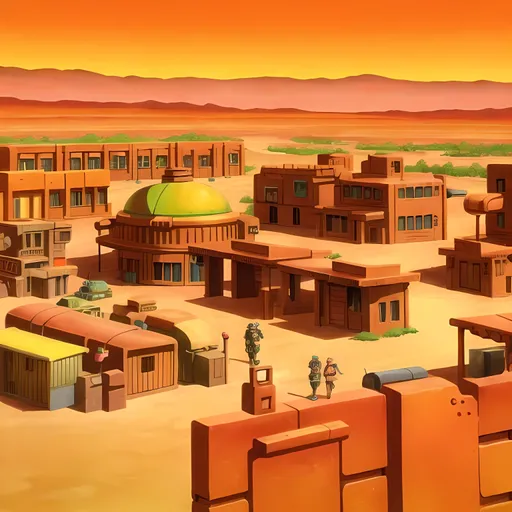 Prompt: 1990's Looking, Retro Futuristic, Dieselpunk, Colorful, Burnt Orange and Salmon Pink Aesthetic, Pistons, Lentimas Town Inspired, Village Market Town, Pueblo Architecture, Arid Land Background, Fantasy Dieselpunk Desert With Roads, Made By Squirt_rash_24.