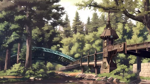 Prompt: Steampunk Forest Oregon Park Town, Steampunk Bridge, Large Trees