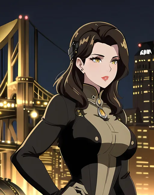 Prompt: Pittsburgh Inspired City Background, Lavish, Adorable Dark Brown Haired Amanda Cerny Full Lips Detailed Face Inspired, Edwardian, Golden Age Period, Industrialists, Dieselpunk Pittsburgh Inspired, Yellow and Black Steelers Aesthetic, Steel Beams, Beautiful Face, Catsuit