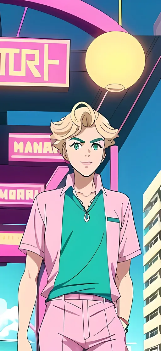 Prompt: Same Composition, One Young Man in Picture, Bright, Colorful, Vivid, Miami Vice Inspired, Interesting 1980's Retro Synth Background, Sebastian Korda, 1984 Aesthetic, Miami Beach Background, Adorable, Full Lips, Detailed Face, Bracelets, Regular Light Eyebrows, Green Eyes, Cute Smile, Trendy Blonde Hairstyle, 1980's Aesthetic, Retro Miami Beach During The Daytime, Pink Synth Movie Theater Parking Lot Background, Blonde Eyebrows, Wearing a Pastel Polo Shirt and Pastel Pink Pants, Caucasian, Czech Descent, Nostalgic Vaporwave Retrowave, Dark Blonde Eyebrows and Green Eye Color, Blonde Hair, Dark Eyebrows Only, Without Green Eyebrows, Synth Pink and Light Blue and Black Aesthetic City Skyline, Synth Dark Pink Miami City, Neon Pink And Blue Background, Same Hairstyle, Light Skin, Wavy Hair, Light Tan Skinned, Perfect Composition, Made By Squirt_rash_24.