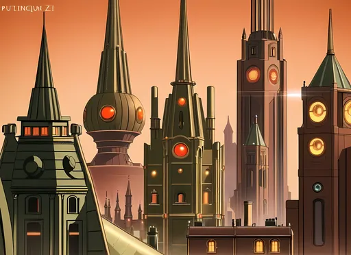 Prompt: Jules Verne Inspired, Futuristic and Classic Steampunk, Dublin Ireland Skyline, Victorian Labyrinth City, Brown Brick Houses, Picturesque, Reddish Orange and Green Aesthetic, Chimneys, Made By Squirt_rash_24.