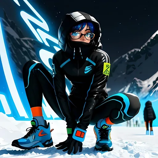 Prompt: Blue and White Shades, SFW, Prowling, Large Gaiter, Covering Mouth, No Mouth Showing, She Is Blasting an Interesting Aurora Ice Energy Ray Beam From Her Hand, One Young Woman In Picture, Lovely Looking, Cyberpunk Athlete, She Has Iridescent Black Red and Purple Ombré Hair, Regular Black Hipster Glasses Only, Cute, Adorable, Filipina, Shay Mitchell, Full Lips, Detailed Face, Adorable Smile, Thick Dark Eyebrows, Cute Nerd, Freckles, Vivid Orange Eyes, Futuristic Aspen Colorado, Interesting Ski Resort, Snowy Mountain Region, Outdoor Cyberpunk Stadium Background, 22nd Century Winter Olympic Games, Alpine Aesthetic, Early 20's Looking Age Range, Retro Cyberpunk Style, Cyberpunk Stadium, She Should Be Wearing a Sleek and Minimalistic Black Nike Padded Performance Ski Suit With Yoga Pants, Nike Logo On Outfit, There Should Be Lots Of Fur On Her Outfit, She Has a Lithe Body, Fully Formed Body, Amazing Body, Athletic Track Star Body, Strong Legs, Marvel's Silk Inspired, Black Cat Inspired, Heartwarming, Fully Clothed, Slim and Bigger Boned, Wearing Interesting Futuristic Nike Sneakers, Alita Battle Angel Inspired, Ghost In The Shell Inspired, Made By Squirt_rash_24. 