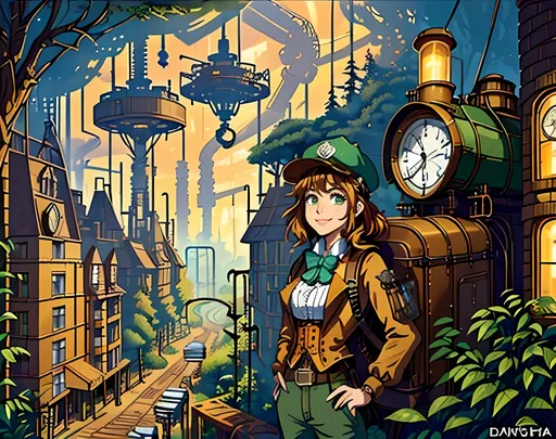 Prompt: SFW, (((Safe For Work Image Only, SFW Only, Western Animation Style Only, Very Wholesome Looking Only))), Wonderous, Marvelous, Exciting, Woodlands, G Rated, General Audience Content, Rated E, Safe, (((SFW Body Only))), American Cartoon, Same Background, Lush, Lavish, Colorful Oil Painting Only With Orange and Brown Aesthetic, Steampunk, Forestpunk, Colors Bursting, Steampunk Aesthetic Background, 2D Style, Cel Shaded, Modern Animation Style,  (((Same Composition, Perfect Composition))),  Perfect City Composition, Steampunk City Background, Very Intricate Factory In Forest, Nature Conservation Facility, Factory, Steampunk Factory Aesthetic, Forest Village, Woods, Ingrown Trees, (((Sprawling Steampunk Village Cityscape))), (((Trees))), Market Town Skyline, Sonic's Great Forest Inspired, Orange and Brown Aesthetic, Boilers, Furnaces, Pistons, Very Wholesome Looking Only, Medium Shot Picture, Portrait, Full Body, Solo Only, 1 Safe For Work Woman, 1 Safe For Work Adult Only, One Woman In Picture, SFW Facial Composition Only, (((Older Maiden Looking, 23 Year Old))), Grown, Strong, Smiling,  (((She Should Look a Lot Like Daniella Monet, Medium Very Wavy Hairstyle, Green Eyes, Sidelocks, Alternative Looking, Full Lips, Detailed Face))), Copper Colored Hairstyle, Slighter Frame, Slim,  (((Wearing Ochre Colored Clothing That Looks Like Sport Utility Clothing, Apparatus Backpack On Back Only, Cap, Bowtie))), (((Jules Verne Inspired))),  Rust and Gold Aesthetic On Clothing, Gaiter, Interesting, Friendlier Looking, Sneewitchen Aesthetic, Smiling, Calm, Medium Waist, High Waist, Cargo Pants, Intricate, Colorful, Large Trees, Bridge, Huts, Trestles, Gears, Watercolor Aesthetic, Cute Aesthetic, Perfect Hands, Steampunk Forestpunk Aesthetic, American, Very Feminine Looking, More Fantasy Looking, Pneumatic Tubes, Trestles, Lights, Warm Aesthetic Hues, Milder, Fantasy Buildings, Aesthetically Pleasing, Pipes, Retro Futuristic, Interesting, (((Cartoon Style, 2D Style, Standing On Brick Road, Looking At View)))