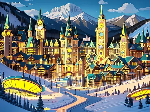 Prompt: Adorable, Picturesque, Quaint, Vail Colorado, Opal and Yellow Shades, Jules Verne Inspired, Steampunk Ski Resort Background, Victorian Hotels, Enormous Futuristic Labyrinth Hotel Resort Area Background, Wes Anderson Scenario, Made By Squirt_rash_24.