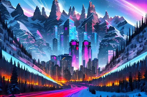 Prompt: Aspen Colorado, Futuristic, Cyberpunk, Fantasy, Mountains, Polar Vortex, Made By Squirt_Rash_24.