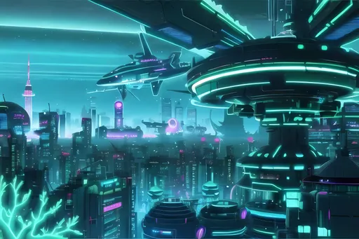 Prompt: Seapunk, Retro Futuristic, Mellow, Lush, Massive Fantasy Underwater Neon Seapunk City Skyline Tokyo Inspired, Large Civilization, Reef, Colorful, Coral, Azure and Green Aesthetic,  Underwater Aesthetic, Detailed, Vivid, Nobody in Background, Made By Squirt_rash_24.