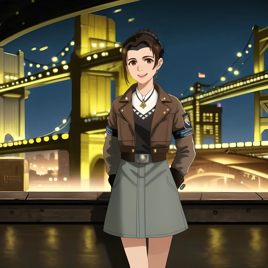 Prompt: (((SFW Image Only))), Same Outfit, Same Composition, Perfect Composition, Dieselpunk, Safe, Nightime, Lovely Looking Animation Style, (((Same Hairstyle))), Joyful, Milder Looking, Perfect City Composition, Pittsburgh Inspired City Background, More Fantasy Looking, Insane Architectural Aesthetic, Roberto Clemente Bridge In Background, Perfect Hair Composition, Lavish, Portrait, Solo Only, 1Woman, One Woman In Picture, Happier Looking, Smiling, Teeth Showing In Smile, 26 Year Old, Medium Ponytail, Two Hands and Two Arms, (((She Should Look a Lot Like Grace Martine Tandon (Daya), Dark Brown Haired Only, Dark Brown Eyes))), Full Lips, Detailed Face, Edwardian, Golden Age Period Inspired, Industrialists, Dieselpunk Pittsburgh Inspired, Yellow and Black Steelers Aesthetic, Steel Beams, Gray Headband, Bomber Jacket, Legs Showing, John Atkinson Grimshaw Oil Painting Aesthetic