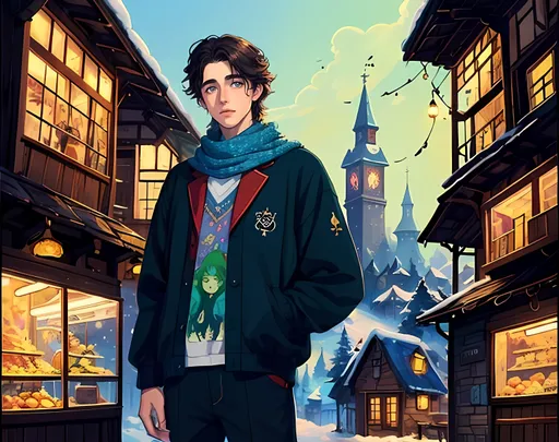 Prompt: SFW, Village Skyline, Dendemille Town Mountain Kalos Inspired, Forestpunk, Portrait, One Young Man In Picture, 2D Style, It Should Look Like The Same Animation Style As Output Image, More Bubbly Looking, Well Maintained and More Built Body, Cute Animation Style, More Cartoon Looking, More Fantasy Looking Clothing, He Should Be Wearing a Sneewittchen (The Brother's Grimm's Snow White) Inspired Forestpunk Outfit, Wholesome Looking, He Should Look a Lot Like Nash Grier, Bigger Eyes, Perfect Hand Composition, Perfect Nose Composition, Young Bachelor Looking, Cute Man, Young Looking Face, Tougher Looking, Grown Strong Body, Scarf, Same Body Traits, Lighter Skin Profile, Thick Dark Eyebrows Only, Interesting Amazing Unearthly Forestpunk Retro Futuristic Village Market Town Skyline Background, Caucasian Man Composition Only, John Atkinson Grimshaw Inspired Oil Painting Aesthetic, Bokeh, Athletic Arms, Realistic, Warm Looking Aesthetic Hues, SFW Body, Nash Grier Hairstyle, Same Face, Vibrant, Very Lovely Looking, Same Composition, Perfect Composition, Full Lips, Detailed Face, Aesthetic Background, Wavy Medium Hairstyle Only, Logo On Outfit, Pants On Legs, Made By Squirt_rash_24.   