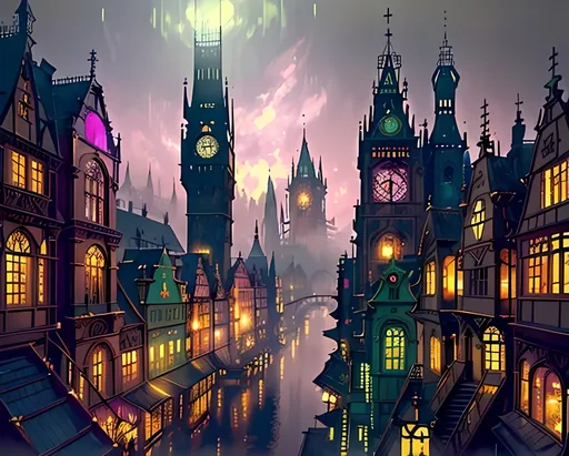 Prompt: John Atkinson Grimshaw Inspired, 3D Style, Realistic, Brushstrokes, Magic Dusty Ethereal Foggy Haze in Picture, Copper Tinsels, Jules Verne Inspired Otherworldly Fantasy Buildings, Prague Czechia, Futuristic and Classic Steampunk, Gears, Technical, Lavish, Vivid, Murky Effect, Foggy, Interesting, Oil Painting Aesthetic, Nobody in Background, Same Aesthetic, Nightime, Lit up Lights, Colorful, Dusk, Pink Evening Sky, Intricate Czech Victorian Massive Labyrinth City With Emporium, Brass Tinsels, Brass and Dark Green Buildings, Intricate Canal Waterway, Skyline Background, Wes Anderson Scenario, Made By Squirt_rash_24.