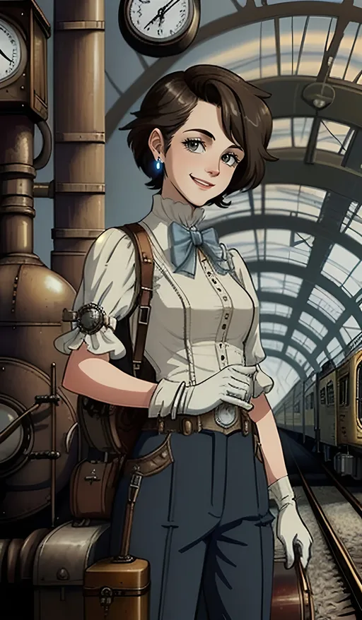 Prompt: (SFW), (Safe For Work Image Only), Solo Only, Realistic, Happy Face, A Safe Image, Some Lights, Cartoon Style, Joyful, Wonderous, Marvelous, Sidelocks, Aesthetic Background, Viola Prettejohn Inspired, Caucasian, Brown Black Medium Hairstyle, Oil Painting Aesthetic, 2D Style Only, Heartwarming, One Woman In Photo, She Needs To Look Older, Slighter Frame, Sidelocks, Grateful Looking, , Steampunk, Realistic, Pewter and Ivory Aesthetic, Apparatus On Clothing, Edwardian Steampunk, Looser Baggier Clothing Only, Lithe, Gray Eyes, Very Wholesome Looking Only, Soulful, Geared Clothing, Brass Wheels On Clothing, Proper Face, Boilers, Furnaces, Pistons, Retro Futuristic, Happy Face, Heroic, Technical Wristbands, More Engineer Mechanic Looking, American Animation Style, Light Aesthetic, Geared Clothes, Gloves, White And Brown Clothing, Heartwarming, Realistic, Trendier Looking, Safe, Very Modern Animation Style, 1Woman In Photo), Same Aesthetic, G Rated, Rated E, General Audience Content, (American Animation Style), Soft Lady Aesthetic, Same Composition, Happy Face, Cartoon Style, Minimalistic, Caring Looking, Same Aesthetic, 1Woman, Earrings, (Slighter Frame, Edges, Friendier Looking), Regular Photo, The Roaring 20's Aesthetic, Axels, Futuristic and Classic Steampunk, Milder Looking, Straight Hair, Female Bellhop Aesthetic, Female Porter Aesthetic, Steampunk Bellhop, A Train Station Bellhop, Looser Baggier Clothing, Futuristic and Classic Steampunk, (Viola Prettjohn Inspired, Caucasian, Some Light Blue On Clothing, 22 Year Old, Brown Black Hair Only, Edwardian, Geared Clothing, Medium Hairstyle and Smiling, Very Feminine Looking, Edwardian Shirt, Joyful, Wondrous, Marvelous, Intelligent Looking, Steampunk Retro Futuristic, Fantasy, Colorful, Jules Verne Inspired Clothes, Oil Painting Aesthetic, Trousers, Bellhop Inspired, Gears on Body, Safe For Work, Candid Photo, White Woman, Posing, Gears