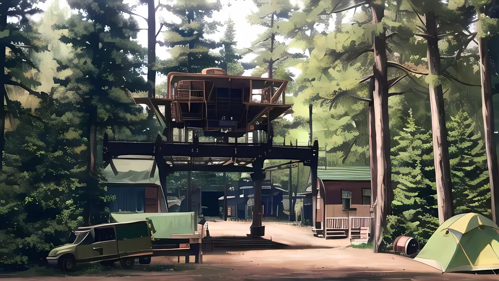 Prompt: Steampunk Forest Oregon Park Town, Steampunk Bridge, Large Trees, campsite, camping houses