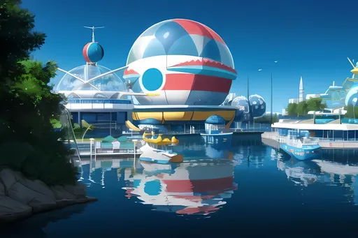 Prompt: Cinesphere Theatre Inspired, Designed by Eberhard Zeidler, Seapunk, Seapunk Massive Patterned Sphere Shaped Structure on the Water, Playful Nautical Theme Park and Water Park, Colorful, Seaworld Inspired, Glowing Boats, Made By Squirt_rash_24.