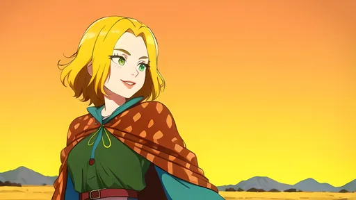 Prompt: Perfect Composition, Positive Uplifting Soulful Content, 90's hairstyle, Cute Smile, Emma Stone Rust Hair Detailed Face Inspired full lips, Adorable Caucasian Skin, The Wild Thornberry's Inspired, Wholesomely Grunge, Red Yellow and Blue Aesthetic, 1 person in picture, 90's Looking, Colorful, Safari Young Woman with rust and green colored Poncho dress, arid-land-background-nothing-on-her-head-mojave-desert-brown and yellow background,-sweet-cute-face-and-full-lips-making-a-cute-smile, family friendly 