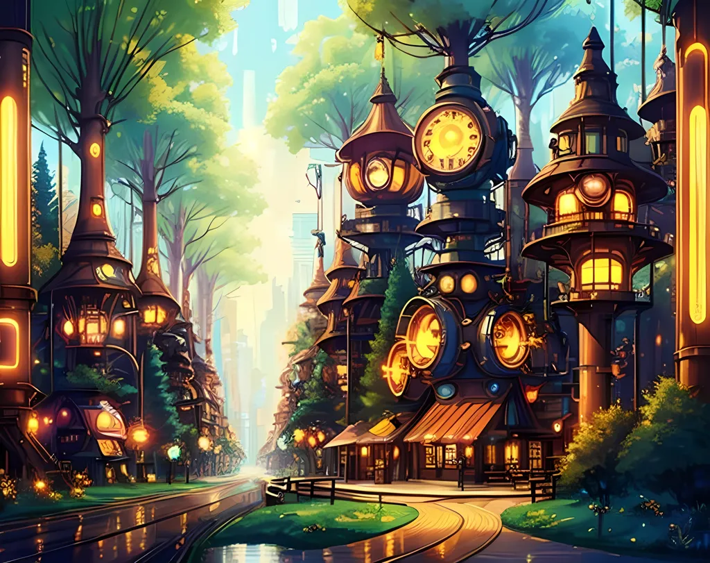 Prompt: Steampunk, (((Same Composition, Perfect Composition))), Intricate, Modern Animation Style, Colorful, Beautiful, Steampunk City Background, Forestpunk, Forest City, Woods, Ingrown Trees, (((Sprawling Cityscape))), (((Trees))), Village Market Town Skyline, Sonic's Great Forest Inspired,  Orange and Brown Aesthetic, Large Trees, Bridge, Huts, Gears, Victorian, Watercolor Aesthetic, Steampunk Aesthetic, Forestpunk Aesthetic, Fantasy, Pneumatic Tubes, Lights, Warm Aesthetic Hues, Fantasy Buildings, Pipes, Retro Futuristic, Interesting, Cartoon Style, 2D Style, Cel Shaded, Realistic