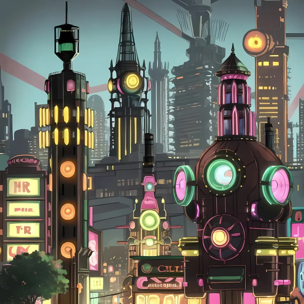 Prompt: Nobody in Background, Aesthetic Dieselpunk Carnival Arcade City Skyline, Shuttles, Edwardian Buildings Turned Dieselpunk, Nickelodeon Show Inspired Lit Up Tower, Hillwood Nickelodeon Style City Background, Nobody in Background, Same Face, Same Aesthetic, Adorable and Charming, Cute Pink Aesthetic 